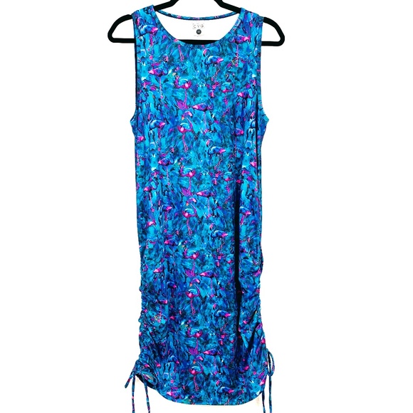 CVG Dresses & Skirts - CVG Blue Flamingo Print Dress Womens M/L Ruched Sides Athletic Beachy Resort